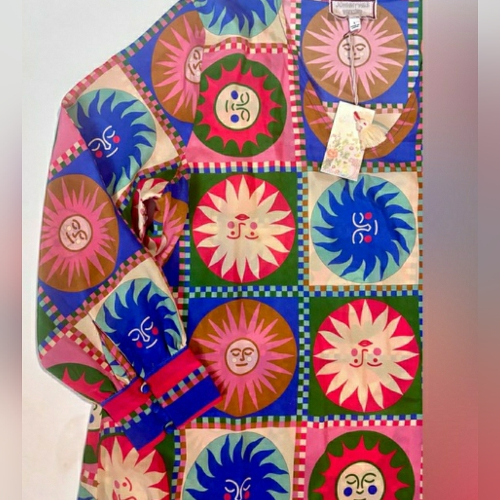 Artisy Celestial XXL Johnny Was Boho Retro Silk Hippie Shift Mini Dress New - Picture 4 of 7